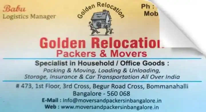 Golden Relocation Packers and Movers in Bommanahalli, Bengaluru