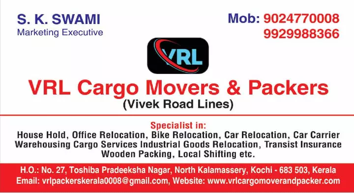 Mini Transport Services in Kochi (Cochin) : VRL Cargo Movers and Packers in University Pipeline Road