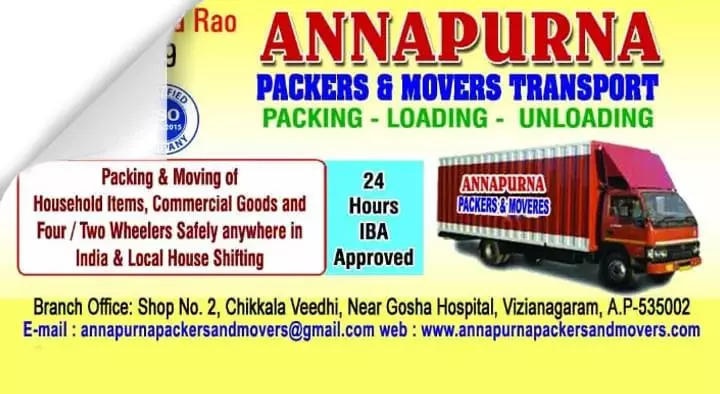 Annapurna Packers and Movers in Chikkala Veedhi, Vizianagaram