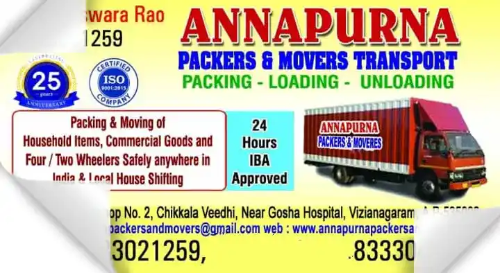 Annapurna Packers and Movers in Chikkala Veedhi, Vizianagaram